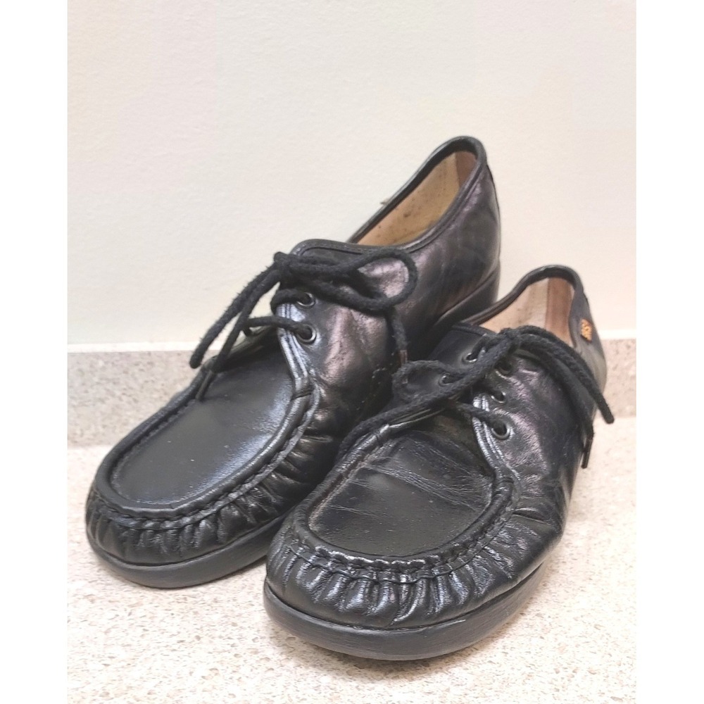 SAS Siesta Wedge Moccasin Shoes Women 8.5 Black Leather Lace Up Comfort